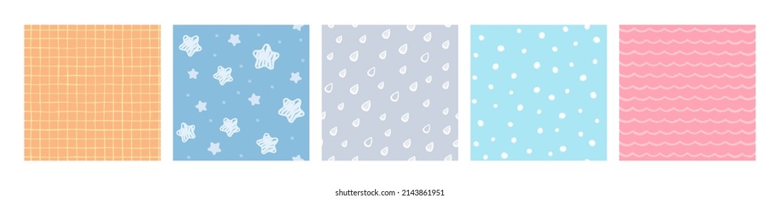 Abstract geometric patterns with lines, dots and stars for kids textile print. Cute childish wallpaper textures, simple doodle shapes fabric seamless pattern vector set