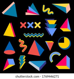 Abstract geometric patterns of modern art. Block illustration texture. blue, yellow, magenta. Vector black background is smooth.
