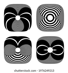 Abstract geometric patterns on rounded square shape. Design elements set. Vector art.