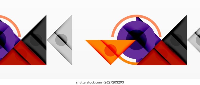Abstract geometric patterns repeat. Shapes include triangles, circles, squares. Colors present are purple, orange, gray, black. Minimalist design.