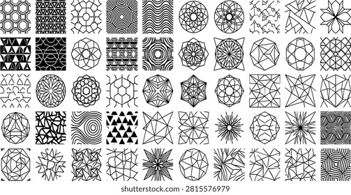Abstract geometric patterns and sacred geometry line art icons bundle featuring vector mandalas polygons kaleidoscope shapes and grid textures