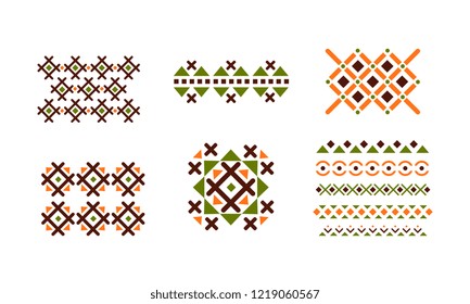Abstract geometric patterns set, bright embroidery elements vector Illustration on a white background