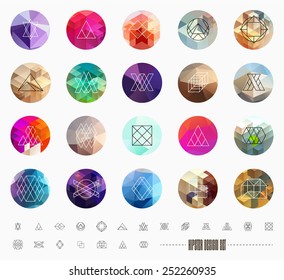 Abstract Geometric Patterns Set with Hipster Style Icons for Logo Design. Line Retro Signs for Logotypes and Business Cards.
