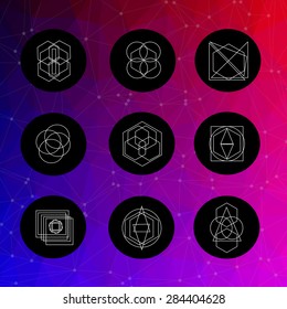 Abstract Geometric Patterns Set with Hipster Style Icons for Logo Design. Line Retro Signs for Logotypes and Business Cards.