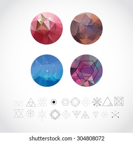 Abstract Geometric Patterns Set with Hipster Style Icons for Logo Design. Line Retro Signs for Logotypes and Business Cards.