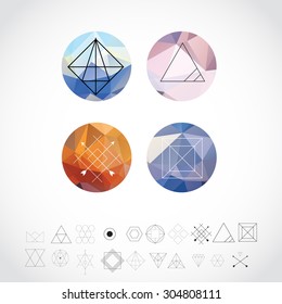 Abstract Geometric Patterns Set with Hipster Style Icons for Logo Design. Line Retro Signs for Logotypes and Business Cards.