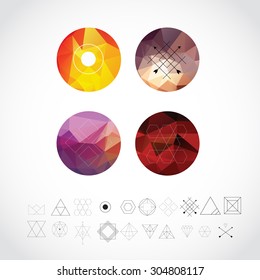 Abstract Geometric Patterns Set with Hipster Style Icons for Logo Design. Line Retro Signs for Logotypes and Business Cards.
