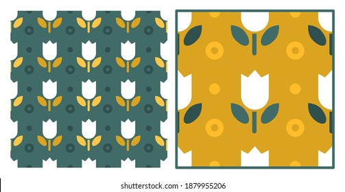 Resumen de patrones geométricos con paleta de colores de moda. Ornamento y diseños florales. Flores tulipanes blancas. Verde, dorado o amarillo, champán o blanco.