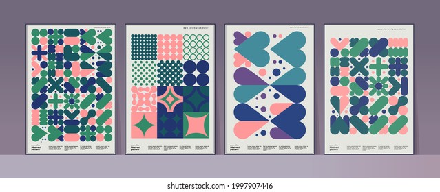 Abstract geometric patterns. A set of vector illustrations. Collection of four framed art pictures. Ideal for interior, poster, banner, package design, labels.