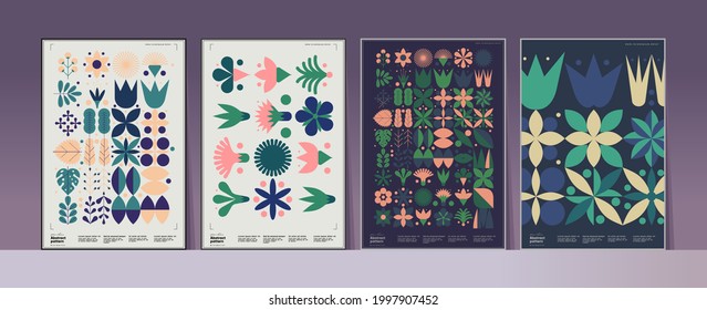 Abstract geometric patterns. A set of vector illustrations. Collection of four framed art pictures. Ideal for interior, poster, banner, package design, labels.