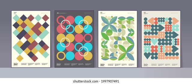 Abstract geometric patterns. A set of vector illustrations. Collection of four framed art pictures. Ideal for interior, poster, banner, package design, labels.