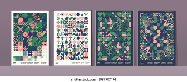 Abstract geometric patterns. A set of vector illustrations. Collection of four framed art pictures. Ideal for interior, poster, banner, package design, labels.