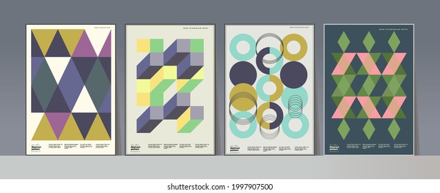 Abstract geometric patterns. A set of vector illustrations. Collection of four framed art pictures. Ideal for interior, poster, banner, package design, labels.