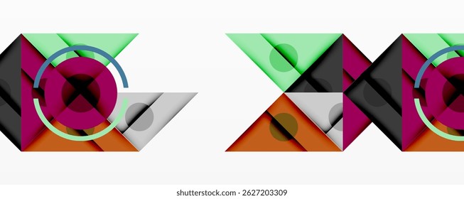 Abstract geometric patterns. Shapes overlap, creating colorful compositions. Minimalist design with triangles, circles, squares. Modern aesthetic.