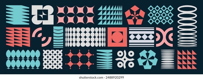 Abstract geometric patterns and shapes set against a dark background, featuring blue, red, and white shades, ideal for textile design, packaging, or flyers.