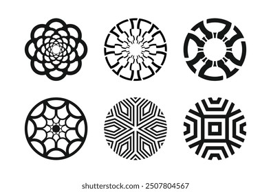 Abstract geometric patterns: Six intricate circular designs representing symmetry, harmony, and dynamic balance.