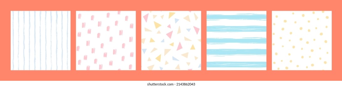 Abstract geometric patterns with textured lines, dots and triangles for kids fabric print. Cute childish wallpaper or textile textures, simple doodle shapes seamless pattern vector set