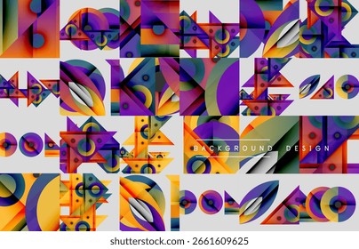 Abstrakte geometrische Muster, lebendige Farben, moderne Designelemente. Fliesen schaffen dynamische visuelle Textur, geeignete Hintergründe.