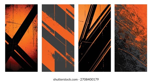 Patrones geométricos Abstractas con vibrantes texturas industriales naranjas y oscuras en paneles de Vertical