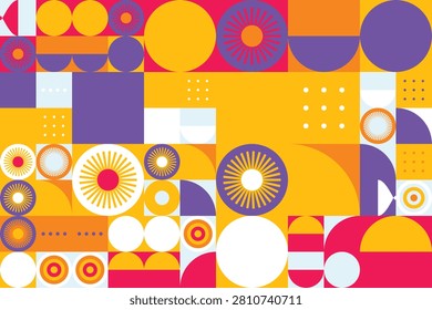 Abstract geometric patterns in vibrant orange, purple, and white circles spirals dots