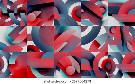 Abstract geometric patterns, vibrant reds, blues dominate composition. Overlapping circles create dynamic visual texture. Modern design elements present.
