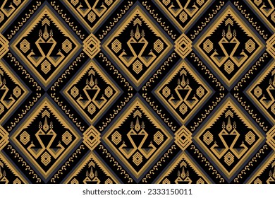 Abstract geometric patterns, yellow birds on black background. Thai textiles style ornaments. Ideal as a Thai sarong, batik, shawl, bed sheet, wallpaper, background, carpet, wrap or wrapping cloth.