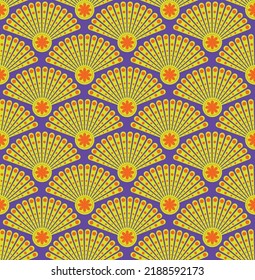 Abstract Geometric Peacock Feather Style Art Deco Seamless Pattern Perfect For Luxury Elegant Wall Paper Print Interior Design Trendy Fashion Colors Electric Purple Neon Yellow Orange Tones