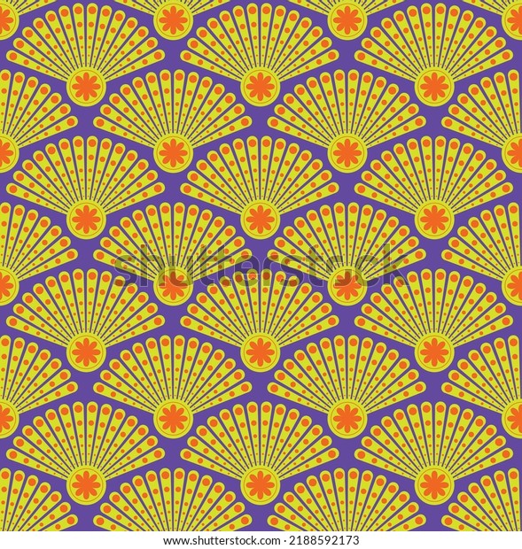 Abstract Geometric Peacock Feather Style Art Deco Seamless Pattern Perfect for Luxury Elegant Wall Paper Print Interior Design Trendy Fashion Colors Electric Purple Neon Yellow Orange Tones