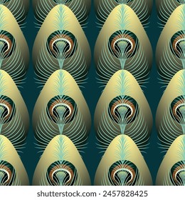 Abstract, geometric peacock gold feather motif on an emerald green background, vector pattern