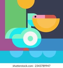 Abstract geometric pelican in modern fashion minimal art style. Bright cartoon concept design. Decorative retro bauhaus composition. Creative vector flat illustration. Template for icon, logo, print.