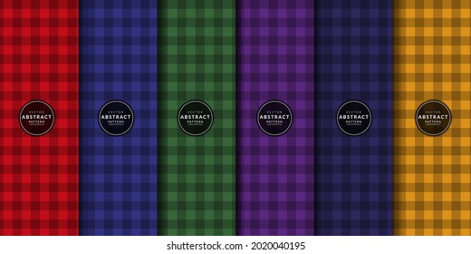 Abstract geometric picnic tablecloth seamless pattern set. Buffalo check plaid gingham checker Red, Blue, Green, Purple, Yellow. Vector illustration background. 