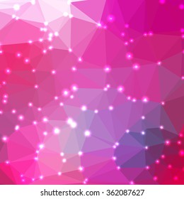Abstract geometric pink background consisting of colored triangles with lights in corners. Low poly square format pattern.