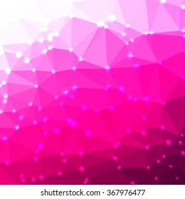 Abstract geometric pink background consisting of colored triangles with lights in corners. Low poly square format pattern.