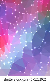 Abstract geometric pink and blue background consisting of colored triangles with lights in corners. Vertical format.