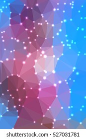 Abstract geometric pink and blue background consisting of colored triangles with lights in corners. Vertical format.