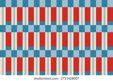 Abstract geometric plaid design de padrão sem costura - Vetor de motivo vermelho e azul do meio do século.