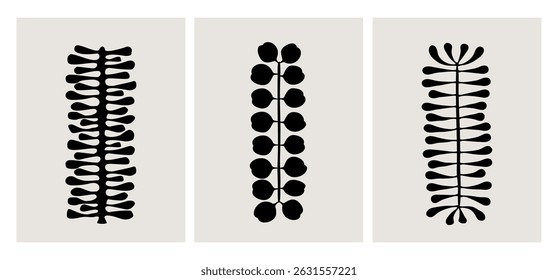 abstract geometric plants frond leaves, modern wall art graphic prints templates, ink foliage vector illustration
