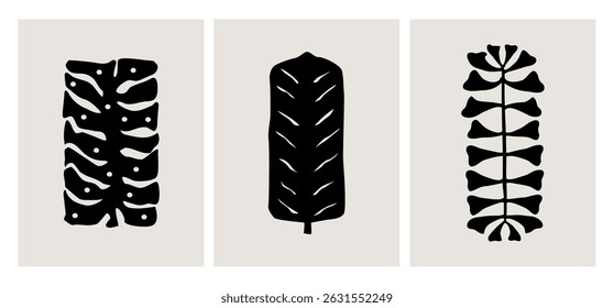 abstract geometric plants fronds leaves, modern wall art graphic prints templates, ink foliage vector illustration