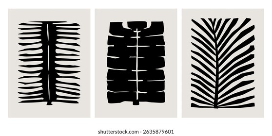 abstract geometric plants fronds leaves, modern wall art graphic prints templates, ink foliage vector illustration