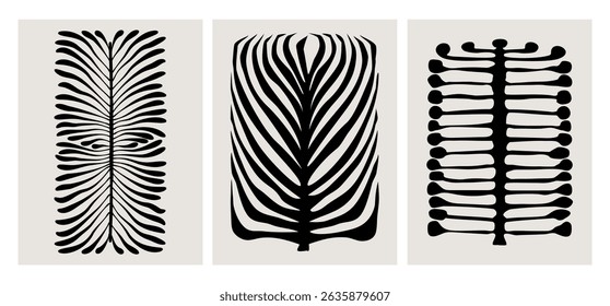 abstract geometric plants fronds leaves, modern wall art graphic prints templates, ink foliage vector illustration