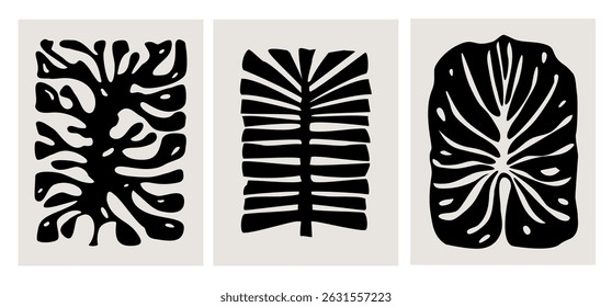 abstract geometric plants leaves, modern wall art graphic prints templates, ink foliage vector illustration