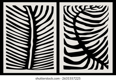 abstract geometric plants leaves, modern wall art graphic prints templates, ink foliage vector illustration