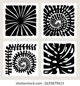 abstract geometric plants leaves, modern wall art graphic prints templates, ink foliage vector illustration