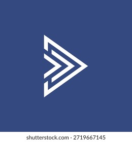 Icono de Botón de juego geométrico Abstractas en blanco sobre un fondo azul oscuro sólido, que simboliza el progreso, el movimiento hacia adelante y la funcionalidad del reproductor multimedia