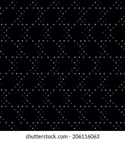 Abstract geometric polka dot seamless vector pattern. Purple colors dots texture on black background.