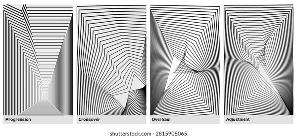 Abstract Geometric Polygon Line Poster Collection: Minimalist Monochrome Wireframe Tunnel Vector Art, Kinetic Crossover Offset, Overhaul Distortion, and Adjustment Op-Art Background Bundle