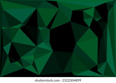 Fundo poligonal geométrico abstrato com vários tons de verde, apresentando formas triangulares afiadas e um padrão angular dinâmico para um design moderno e vibrante.