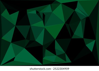 Fundo poligonal geométrico abstrato com vários tons de verde, apresentando formas triangulares afiadas e um padrão angular dinâmico para um design moderno e vibrante.