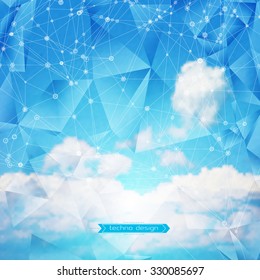 Abstract Geometric Polygonal Shape. Futuristic Technology Vector Science Background. Connecting Dots and Lines Structure. Clouds Heavens illustration