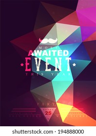 Abstract geometric polygonal shiny background for cover, poster, web design or hipsters party. Hipster theme label. Mustache. 